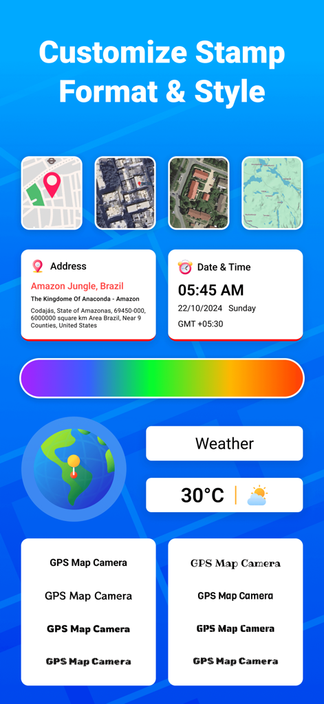 GPS Camera: Stamp Photo Map - Interfaz para personalizar los formatos de sello de fotos, incluyendo dirección, fecha, hora y clima en una aplicación de cámara de mapas