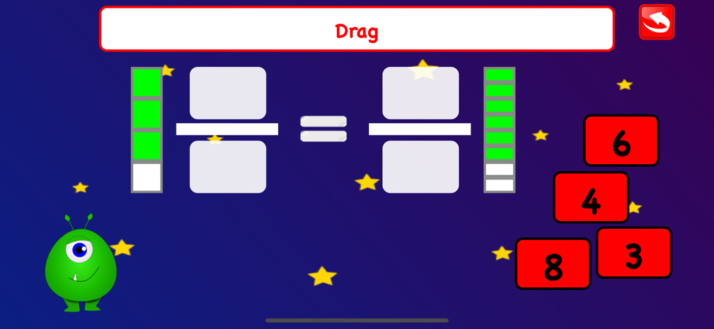 Fractions Learn Games for Kids - Interfaz de juego educativo para que los niños aprendan fracciones equivalentes usando barras visuales