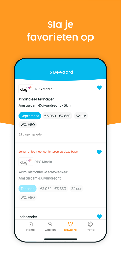 Nationale Vacaturebank App-Oberfläche, die eine Liste gespeicherter Stellenangebote mit Details wie Gehalt und Ort anzeigt