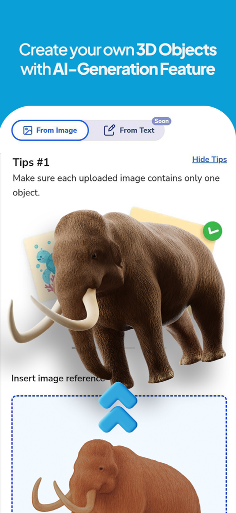 Assemblr EDU app interface showing the AI generation feature creating a 3D mammoth from an image.