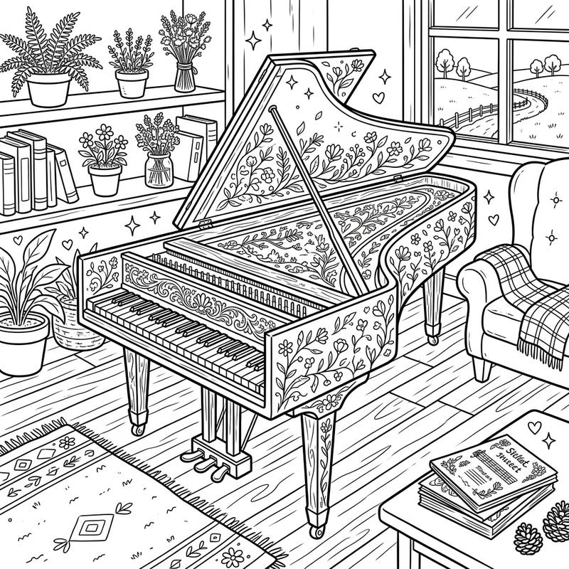 Step into a world of rustic charm and musical beauty with this delightful harpsichord coloring page. Immerse yourself in the intricate details of a cottagecore-inspired scene, ready for your artistic touch.