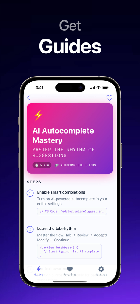 Guide for Lovable ai . - A mobile app interface showing a step by step tutorial for AI autocomplete mastery.