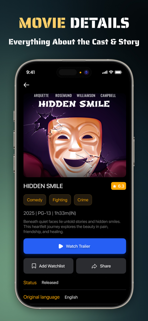 Movies Box - Movies & TV Show - Movie details screen in the Movies Box app showing cast story and trailer options for Hidden Smile