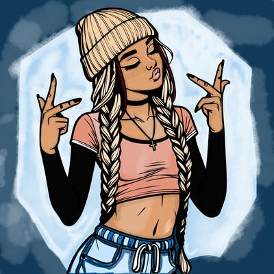 realistic teenage girl with braids and a beanie and crop top doing 🫶🏼