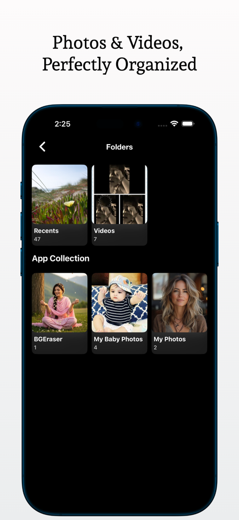 Photo Gallery - Media Manager - Captura de pantalla de iPhone que muestra carpetas de fotos y videos organizadas, incluyendo álbumes personalizados para fotos de bebés y fotos personales.