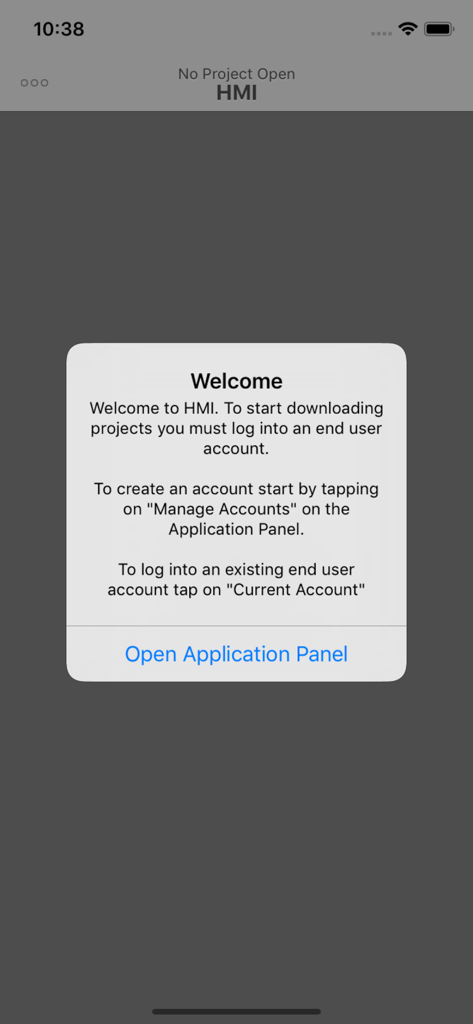 HMI Viewer welcome dialog providing login and account management instructions
