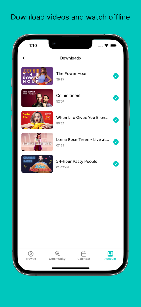 NextUp - Watch Stand-Up Comedy - NextUp app screen showing a list of downloaded stand up comedy specials for offline viewing