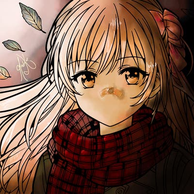 teen anime girl in fall wearing a scarf