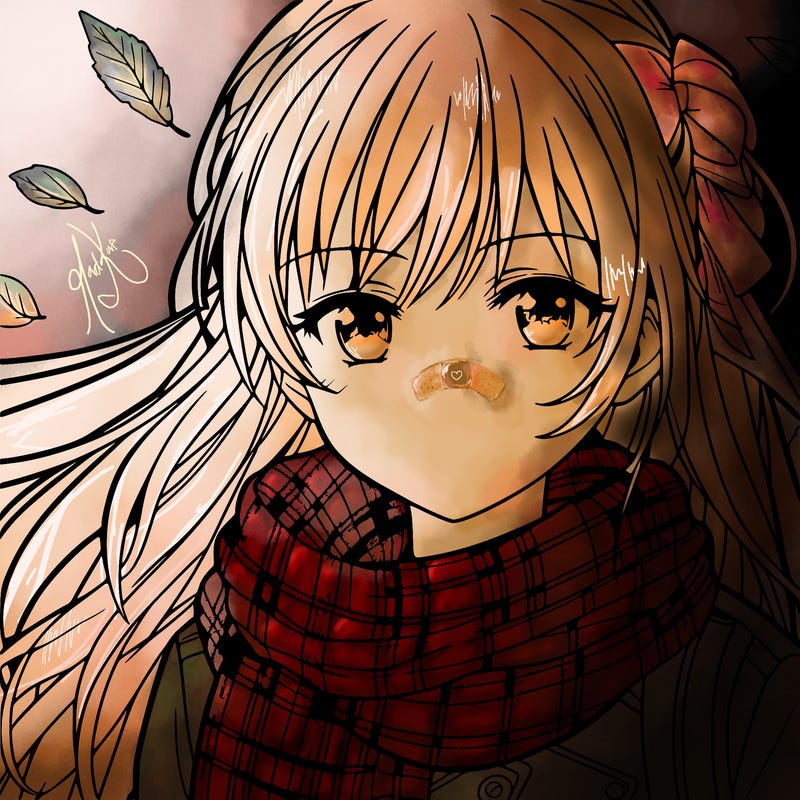 teen anime girl in fall wearing a scarf