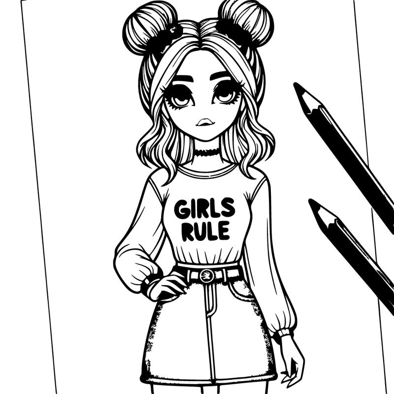 a realistic girl with space buns jean skirt and a shirt that say girls rule and gell nails