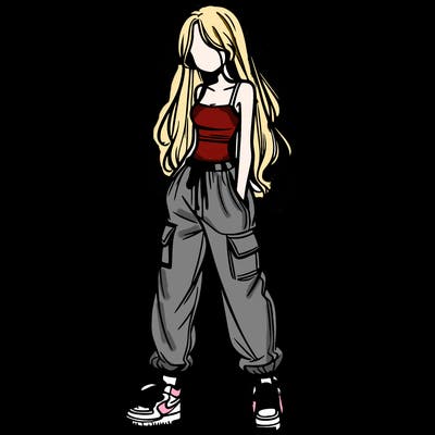 girl in baggy pants crop top and long hair