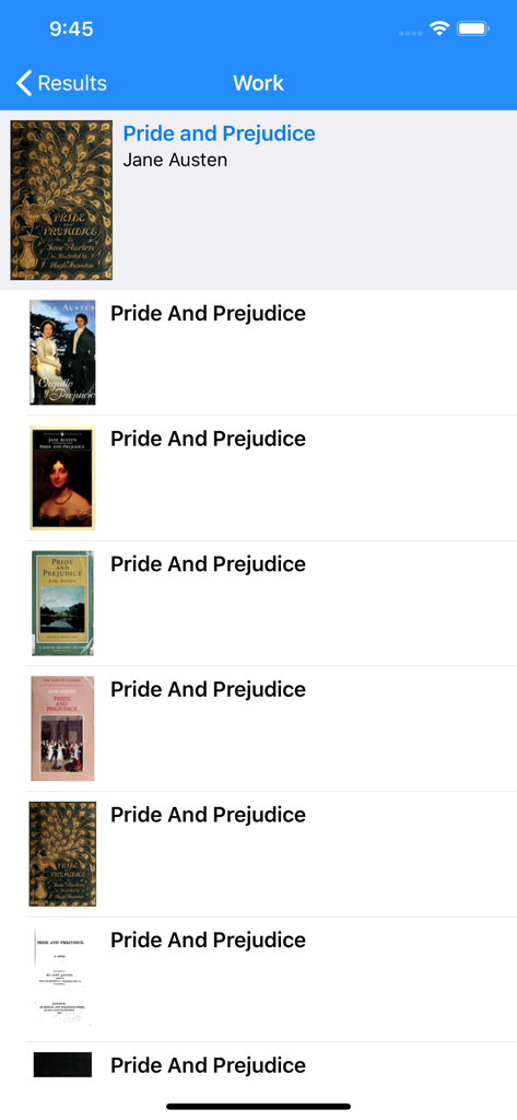 OpenLibrary Browser - Un elenco di diverse edizioni del libro Orgoglio e Pregiudizio di Jane Austen all'interno dell'app Browser OpenLibrary.