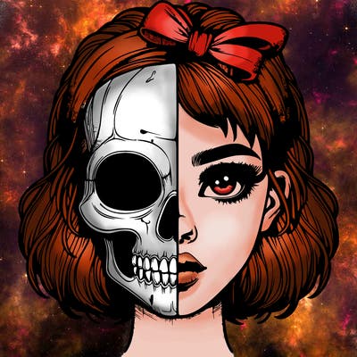 realistic girl with half skull mask