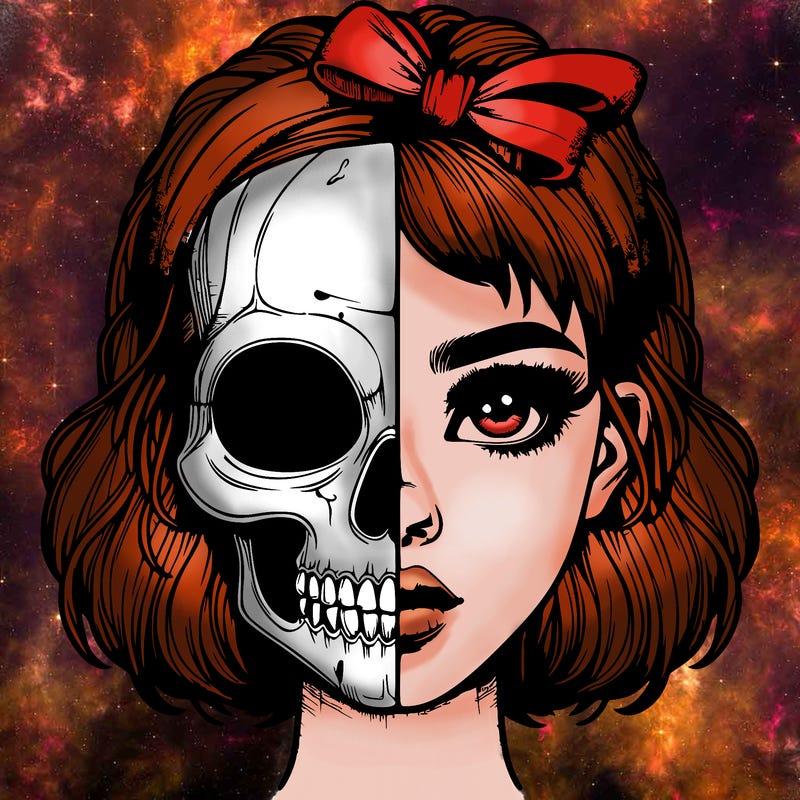 realistic girl with half skull mask