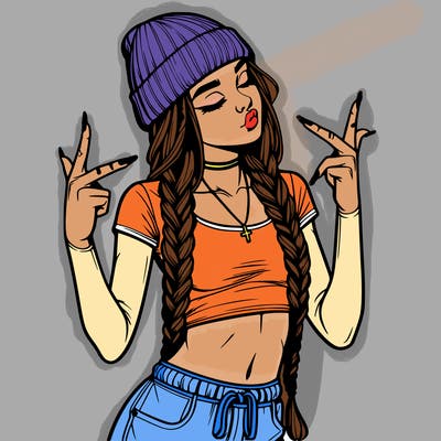 realistic teenage girl with braids and a beanie and crop top doing 🫶🏼