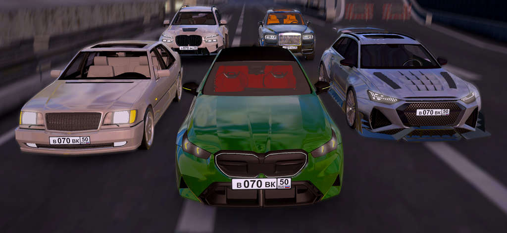 Caucasus Traffic Racer - A group of realistic luxury and sports cars on a highway with Russian license plates in Caucasus Traffic Racer