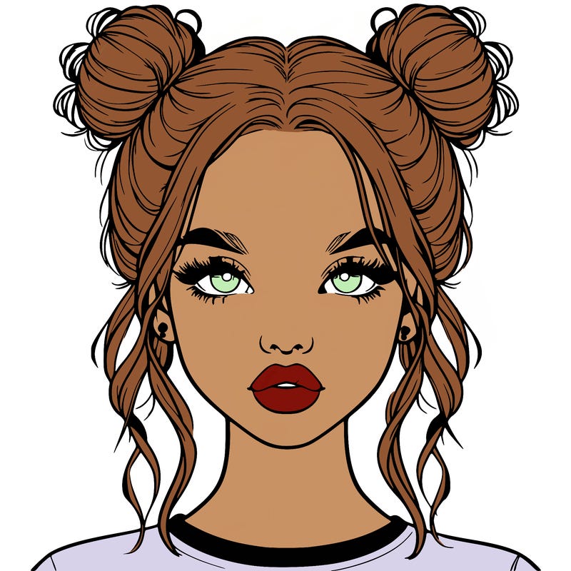 realistic girl with two buns in hair and lips