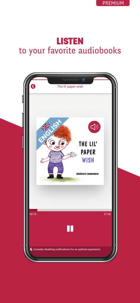 A phone displaying the Whisperies app playing an English audiobook for kids titled The Lil Paper Wish