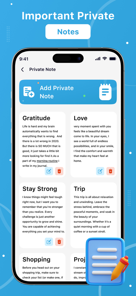Interfaz de la función de Notas Privadas en la aplicación Telegram Plus Dual Messenger que muestra varias notas personales y un botón de añadir.