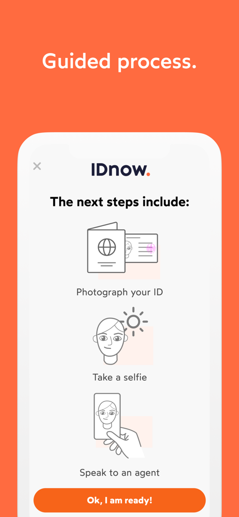 Schermata dell'app IDnow che delinea i passaggi guidati di identificazione: fotografa il documento d'identità, scatta un selfie e parla con un agente.