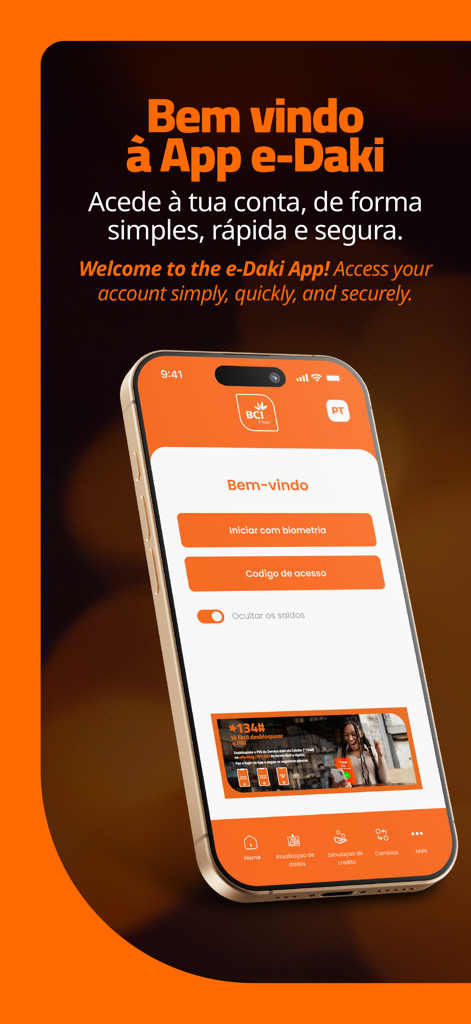 e-Daki - Pantalla de bienvenida de la aplicación de banca móvil e-Daki de BCI con opciones de inicio de sesión.
