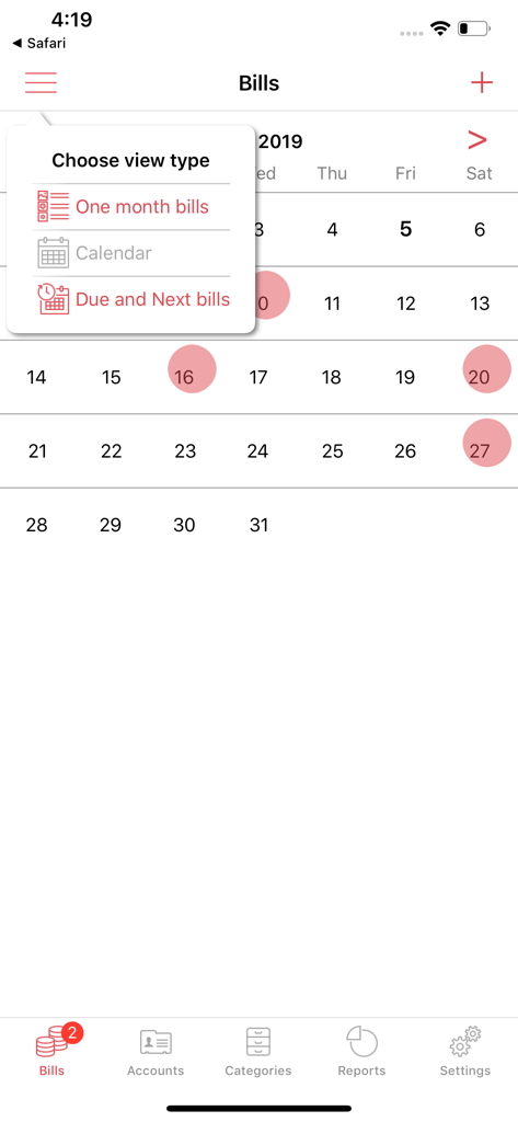 Bills Manager - Bills Manager app calendar view showing monthly bill due dates and view selection menu