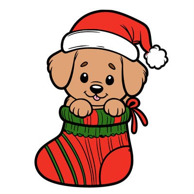 cute puppy wearing santa hat in socking