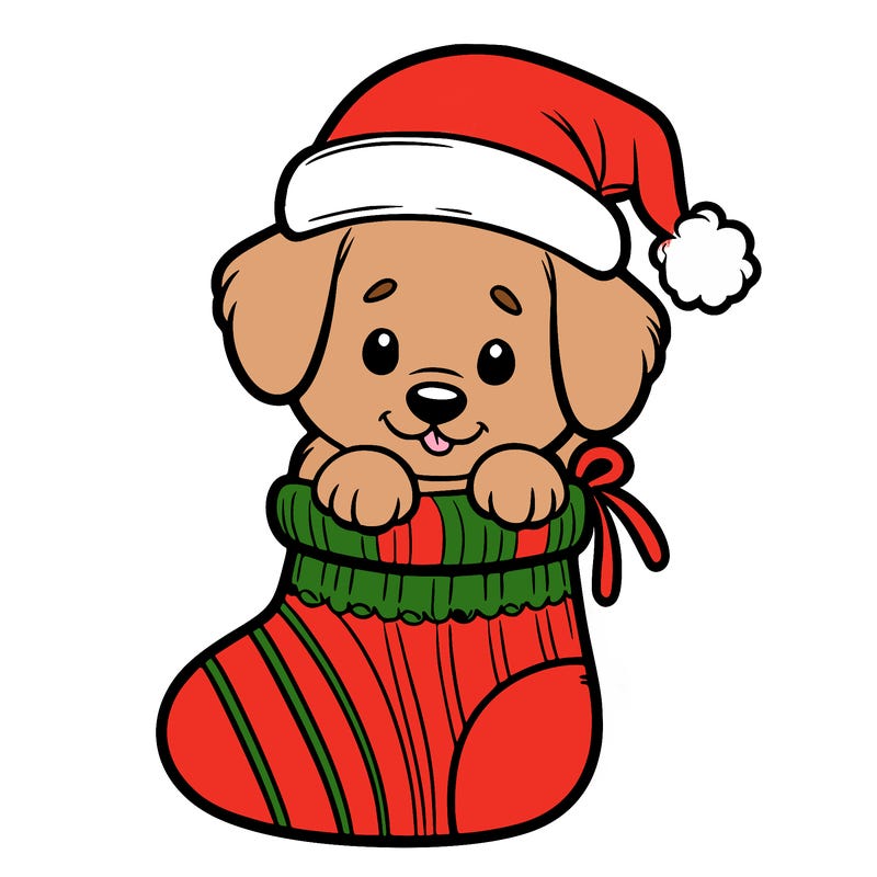 cute puppy wearing santa hat in socking
