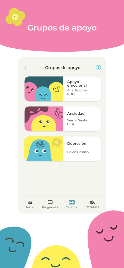 Starbien App - Interface do aplicativo móvel Starbien mostrando grupos de apoio à saúde mental para ansiedade, depressão e apoio emocional em espanhol