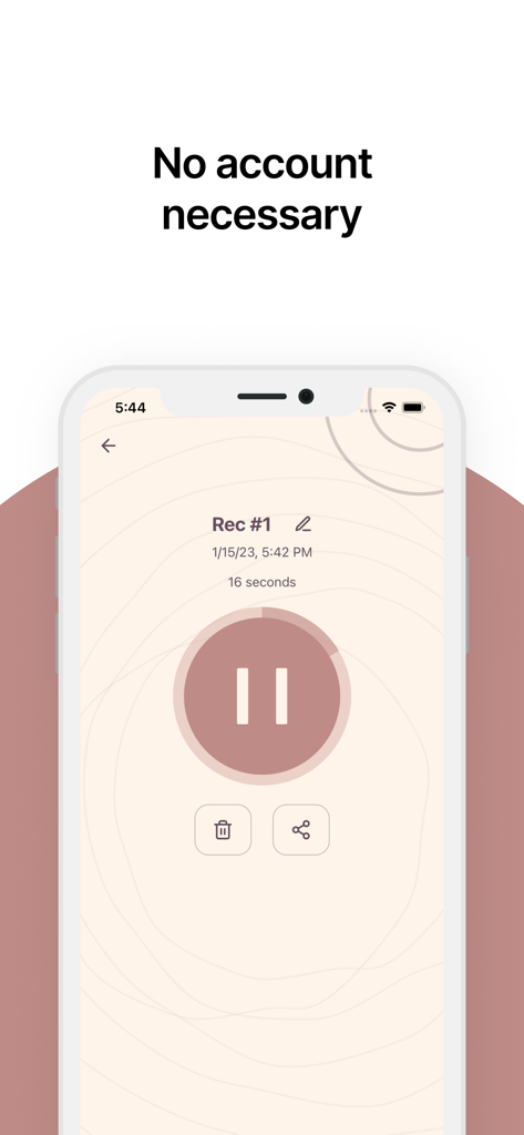 Snuggly: Record Baby Heartbeat - Screenshot of the Snuggly app interface showing a baby heartbeat recording with options to play delete and share without needing an account