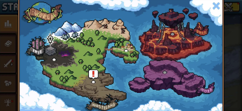 Retro pixel art world map showing various game regions in Days Bygone Castle Defense