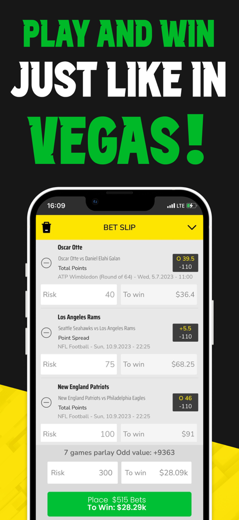 NFLとテニスの試合のパーレーベットスリップを表示するBet On Sportsアプリのインターフェース