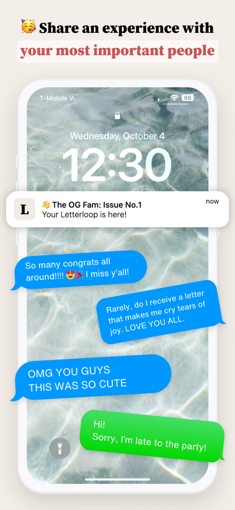 A smartphone displaying a Letterloop notification for a new family newsletter alongside heartwarming group messages