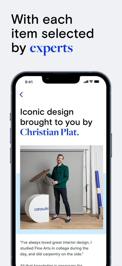Catawiki app screen showing an expert presenting curated iconic design objects