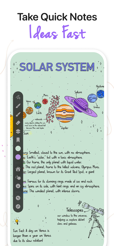 A digital note taking interface in ZoomArt showing a hand drawn solar system with educational facts