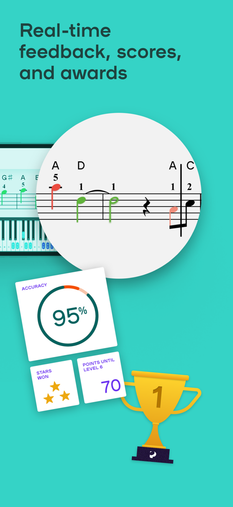 Playground: Real Piano Lessons - Interface showing real-time feedback on musical notes with an accuracy score and a gold trophy award