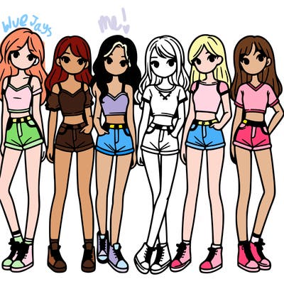 a group of girls wearing crop tops and shorts