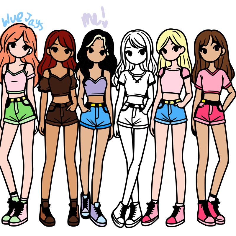 a group of girls wearing crop tops and shorts