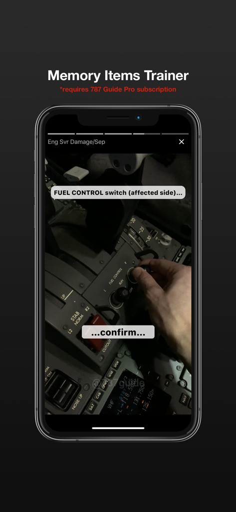 Entraîneur d'éléments mémorisés de l'application 787 Guide montrant les procédures de commutation de contrôle du carburant dans le cockpit