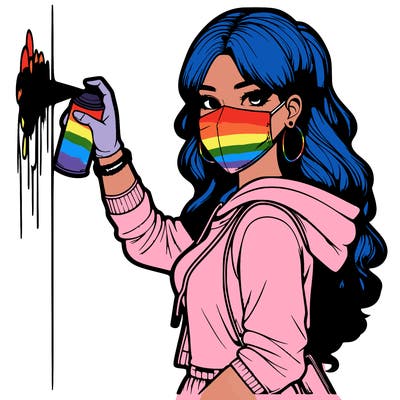 realistic girl with mask spray painting a wall