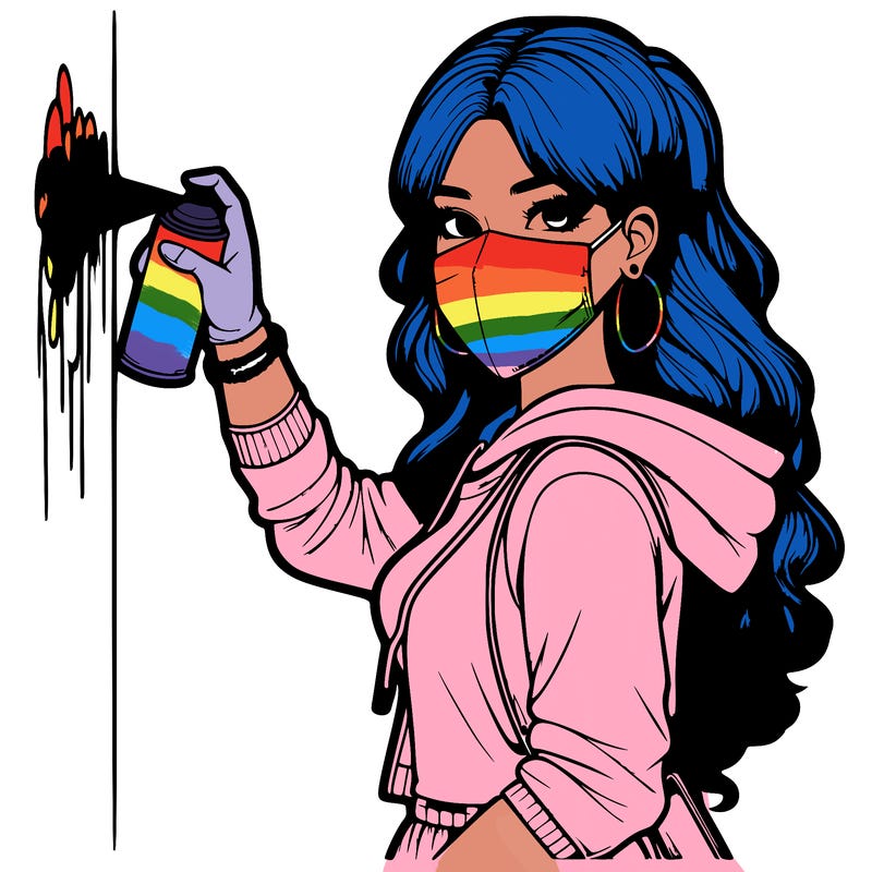 realistic girl with mask spray painting a wall