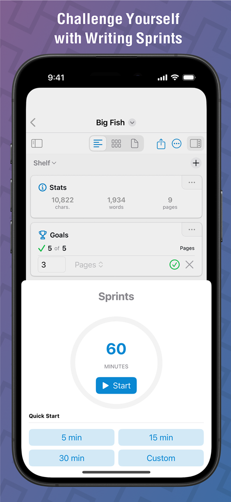 Highland Pro app interface showing the Writing Sprints feature with a sixty minute timer and productivity stats
