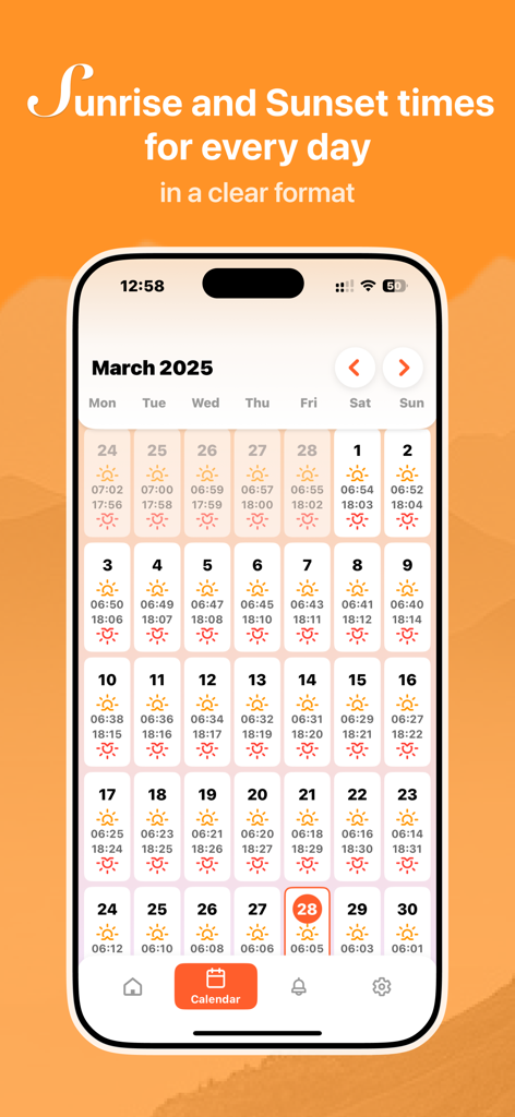 Sunix app monthly calendar view displaying daily sunrise and sunset times for planning photography and outdoor activities.