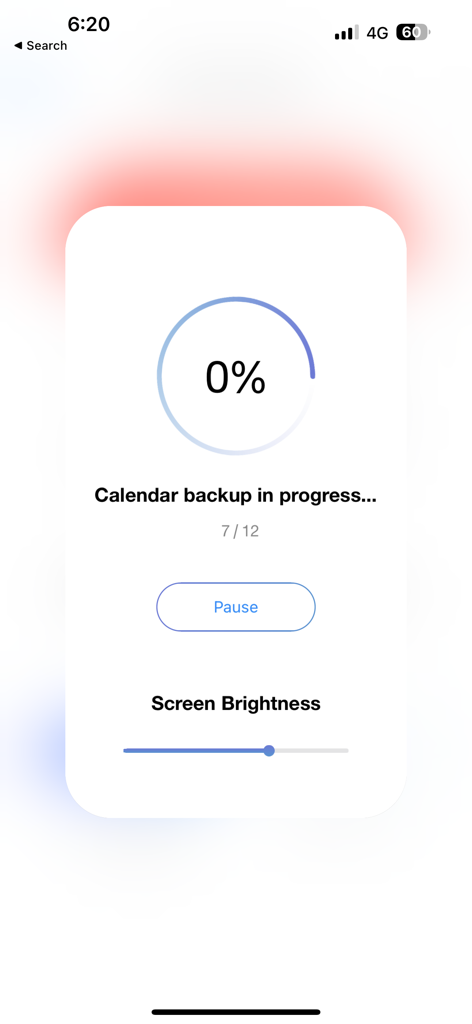 PhotoFast ONE - Pantalla de progreso de copia de seguridad del calendario en la aplicación PhotoFast ONE