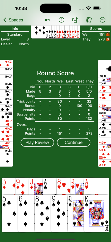 Spades - Expert AI - Detailed round score summary in Spades Expert AI showing bid and points statistics