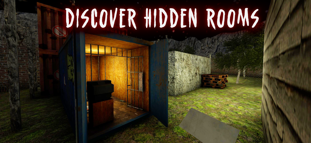 First-person gameplay of Evil Doll showing an open shipping container revealing a hidden room with wooden walls and a metal gate.