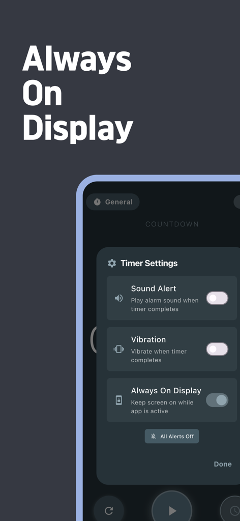 Minimal Timer - Big Stopwatch - Interface of Minimal Timer showing Always On Display setting enabled in the app settings menu.