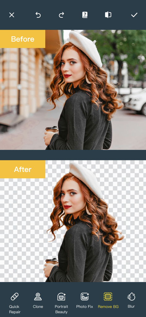 Comparación de antes y después de una foto de retrato con el fondo eliminado usando la herramienta de IA