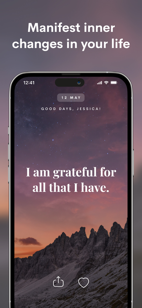 Manifest - Daily Affirmations - Pantalla de smartphone que muestra una afirmación diaria de gratitud sobre un fondo escénico de montaña.