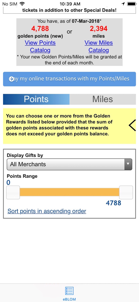 eBLOM Mobile - eBLOM Mobile app screen showing loyalty points and rewards catalog